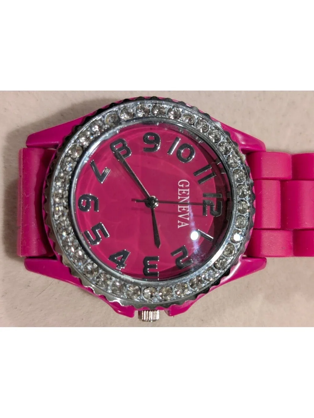 Geneva 5573 Pink Rhinestone Watch Silicone Band Y2K Statement